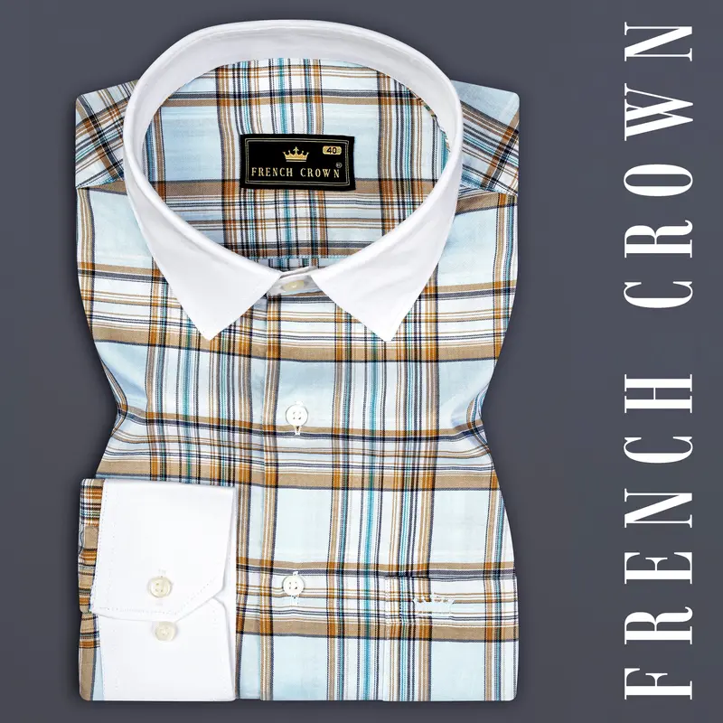 Mystic Blue And Alpine Orange Plaid Twill Premium Cotton Shirt 1