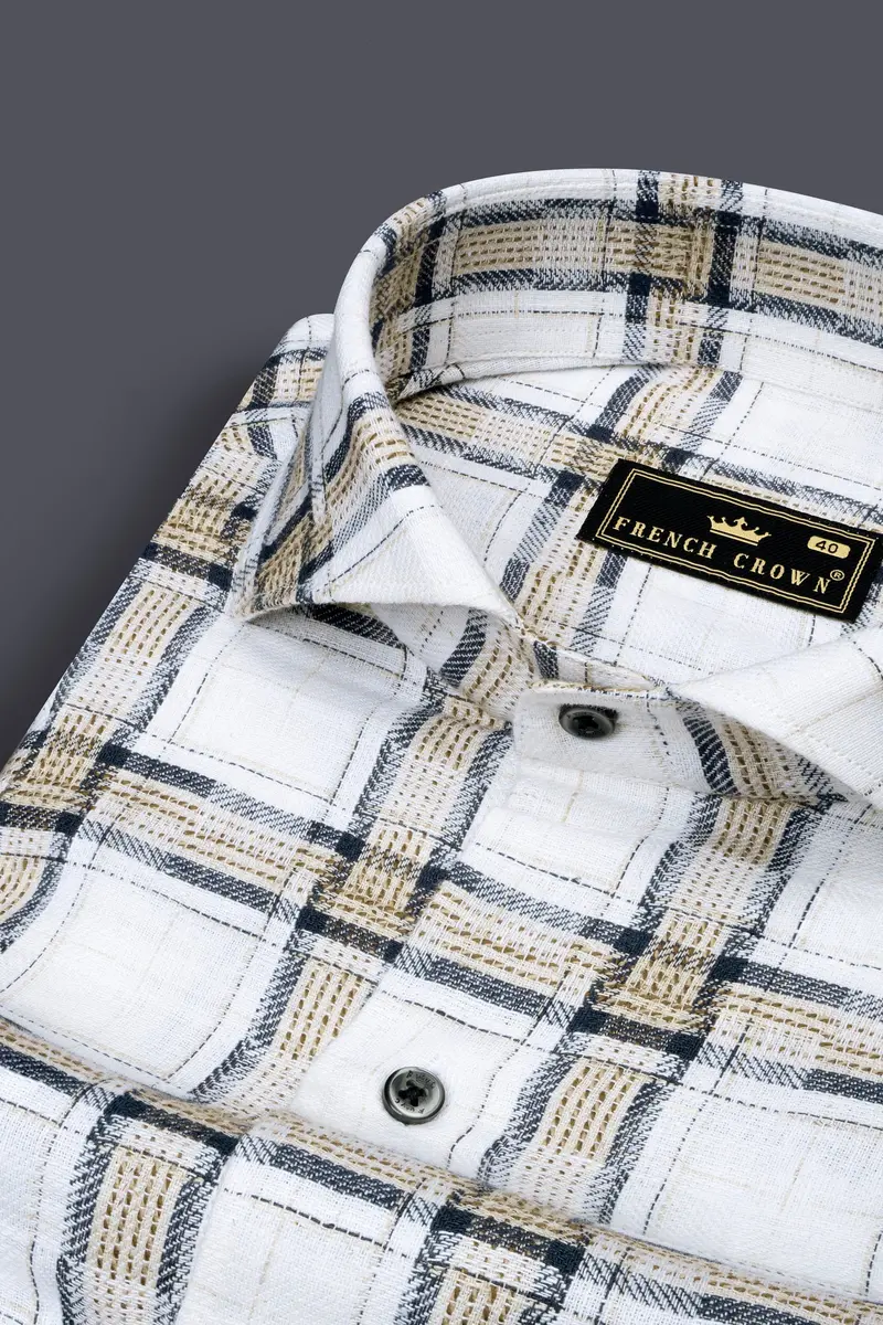 Mystic Cream With Blue Checkered Dobby Textured Premium Giza Cotton Shirt 1