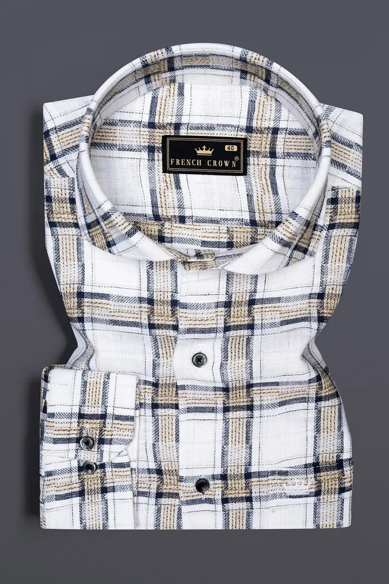 Mystic Cream With Blue Checkered Dobby Textured Premium Giza Cotton Shirt 3