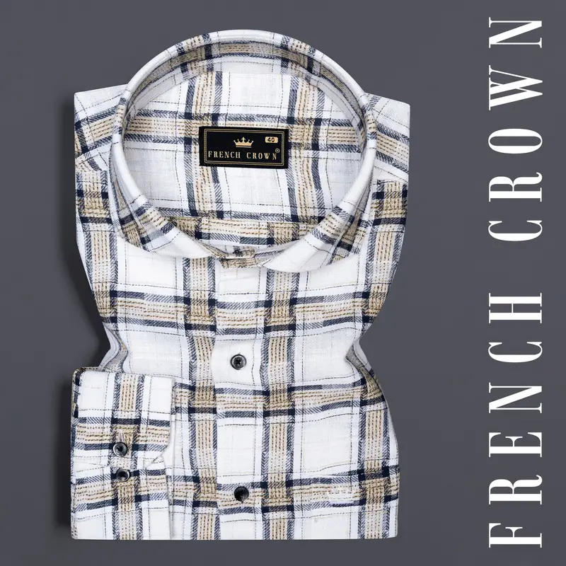 Mystic Cream With Blue Checkered Dobby Textured Premium Giza Cotton Shirt 6