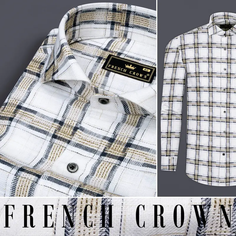 Mystic Cream With Blue Checkered Dobby Textured Premium Giza Cotton Shirt 9