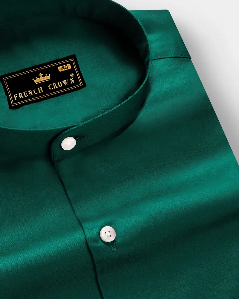 Mystic Grove-Everglade Green Solid Subtle Sheen Super Soft Premium Cotton Semi Formal Mandarin Collar Shirt 1