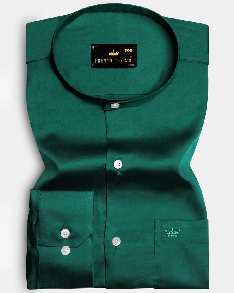Mystic Grove-Everglade Green Solid Subtle Sheen Super Soft Premium Cotton Semi Formal Mandarin Collar Shirt 10