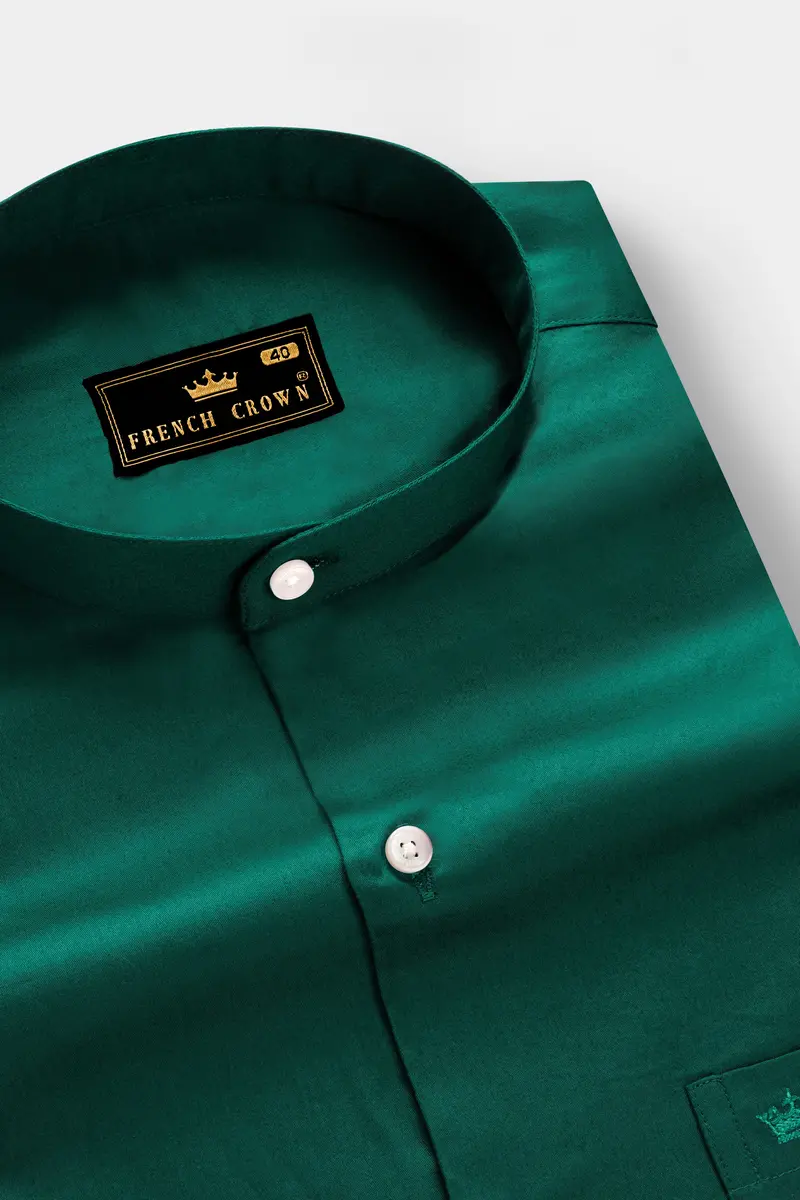 Mystic Grove-Everglade Green Solid Subtle Sheen Super Soft Premium Cotton Semi Formal Mandarin Collar Shirt 2