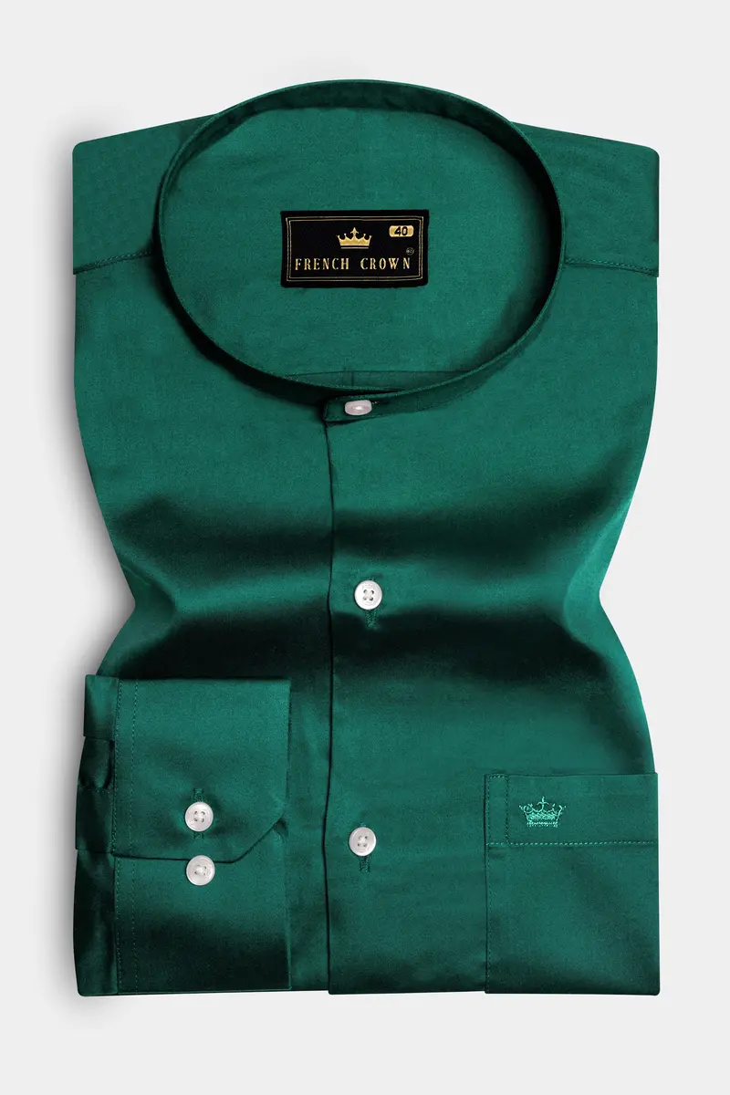 Mystic Grove-Everglade Green Solid Subtle Sheen Super Soft Premium Cotton Semi Formal Mandarin Collar Shirt 4