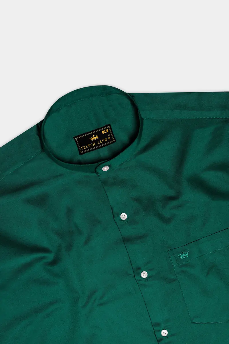 Mystic Grove-Everglade Green Solid Subtle Sheen Super Soft Premium Cotton Semi Formal Mandarin Collar Shirt 5