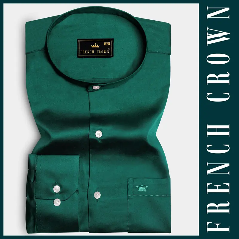Mystic Grove-Everglade Green Solid Subtle Sheen Super Soft Premium Cotton Semi Formal Mandarin Collar Shirt 6