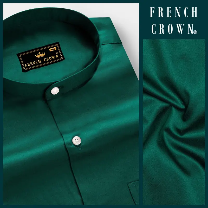 Mystic Grove-Everglade Green Solid Subtle Sheen Super Soft Premium Cotton Semi Formal Mandarin Collar Shirt 8