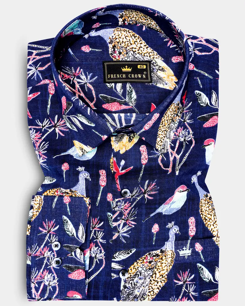 Mysticpeafowl-Haiti Blue Peacock Printed Lightweight Premium Cotton Casual Shirt 1