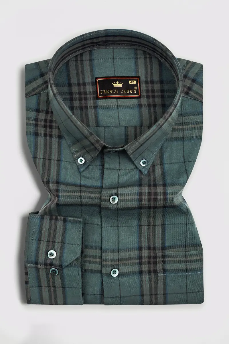 Nandor Green With Multicolor Plaid Textured Twill Premium Cotton Shirt 5