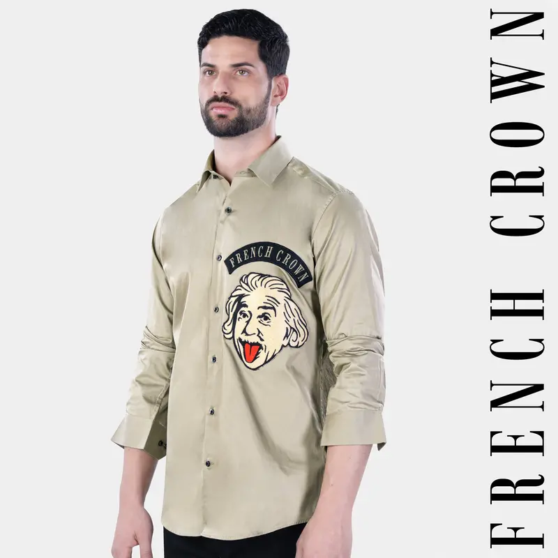 Napa Brown French Crown With Albert Einstein Patchwork Subtle Sheen Super Soft Premium Cotton Designer Shirt 1