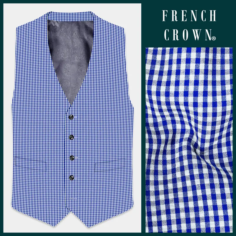 Nautilus-Torea Bay Blue And Bright White Gingham Plaid Cotton Waistcoat 1