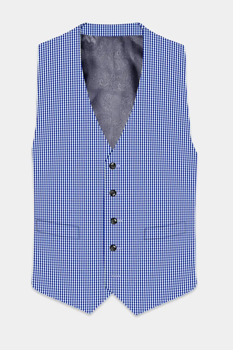 Nautilus-Torea Bay Blue And Bright White Gingham Plaid Cotton Waistcoat 2