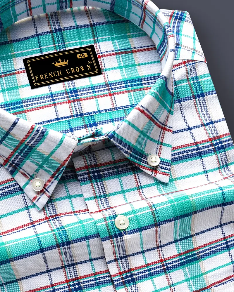 Nautrex-Pelorous Blue And Bright White Plaid Oxford Premium Cotton Semi Formal Shirt 1