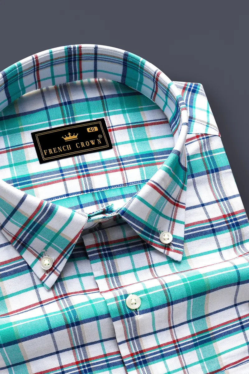 Nautrex-Pelorous Blue And Bright White Plaid Oxford Premium Cotton Semi Formal Shirt 2