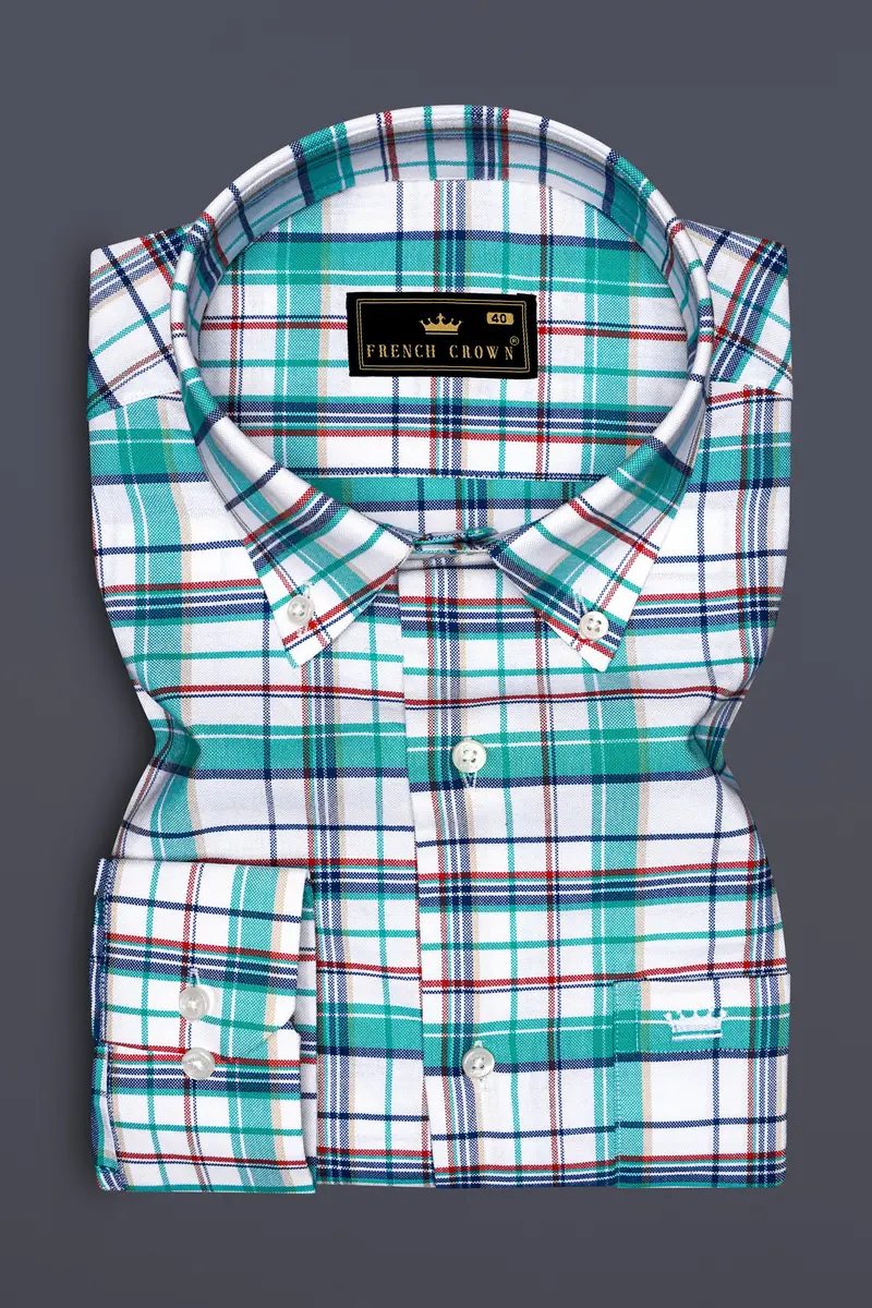Nautrex-Pelorous Blue And Bright White Plaid Oxford Premium Cotton Semi Formal Shirt 4