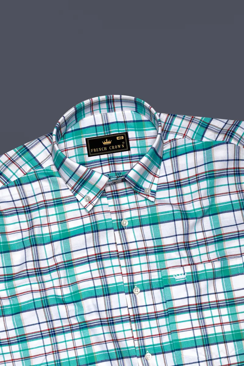 Nautrex-Pelorous Blue And Bright White Plaid Oxford Premium Cotton Semi Formal Shirt 5