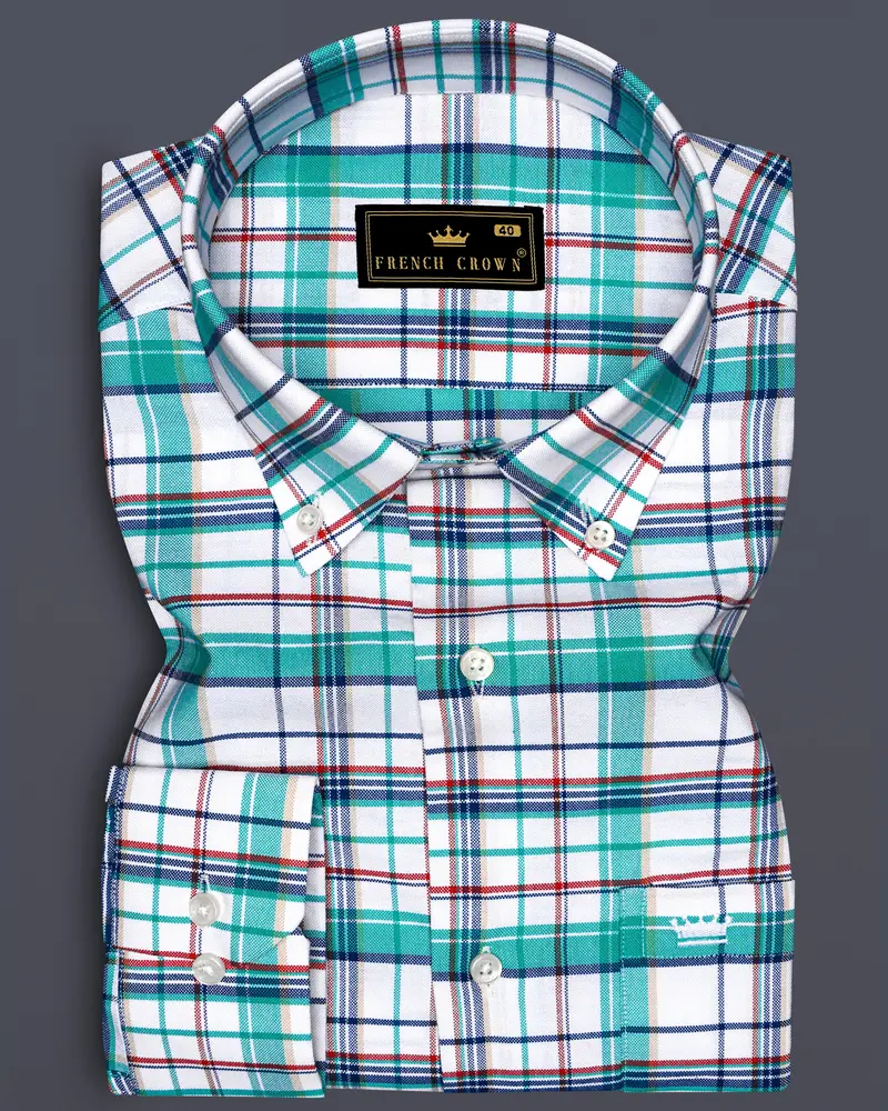 Nautrex-Pelorous Blue And Bright White Plaid Oxford Premium Cotton Semi Formal Shirt 6