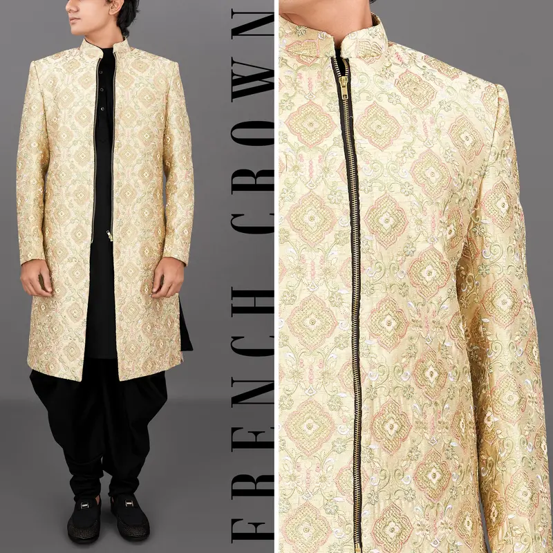 Navajo Brown With Oyster Peach And Sequence Embroidered Sherwani With Kurta And Dhoti Set 1