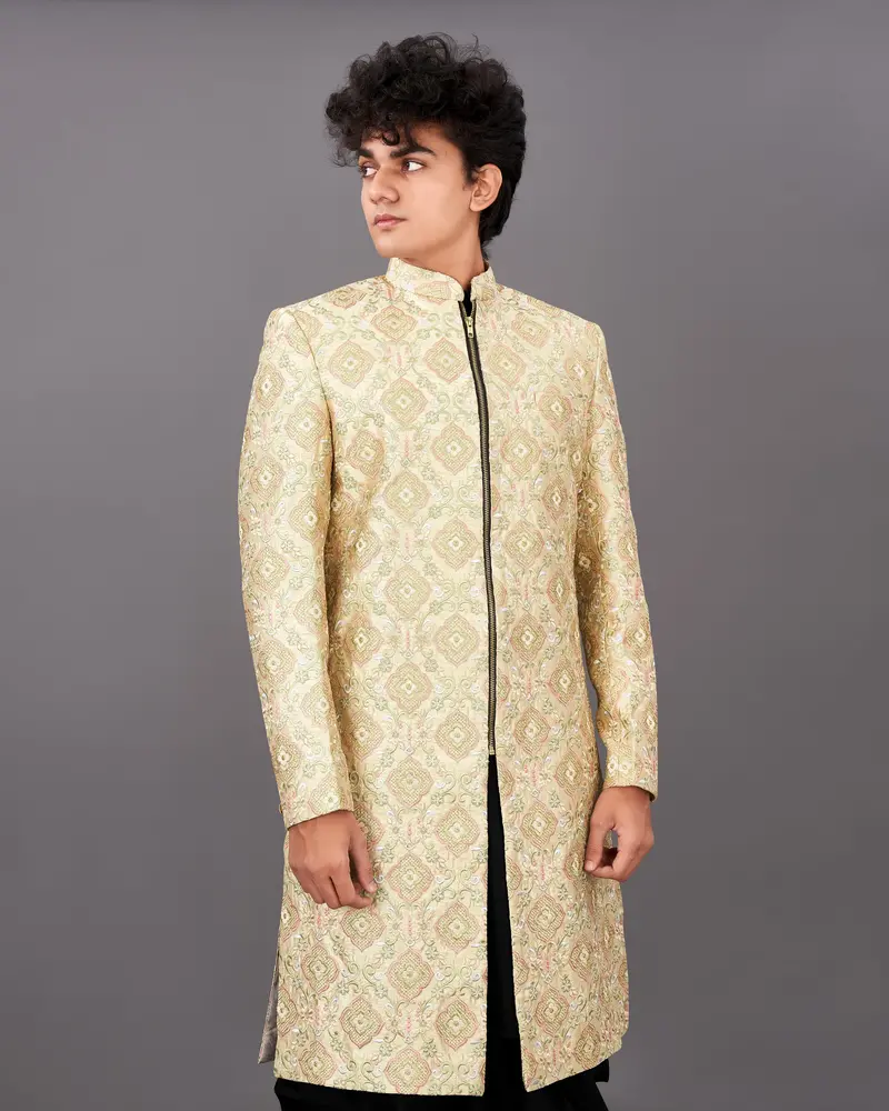 Navajo Brown With Oyster Peach And Sequence Embroidered Sherwani With Kurta And Pyjama Set 1