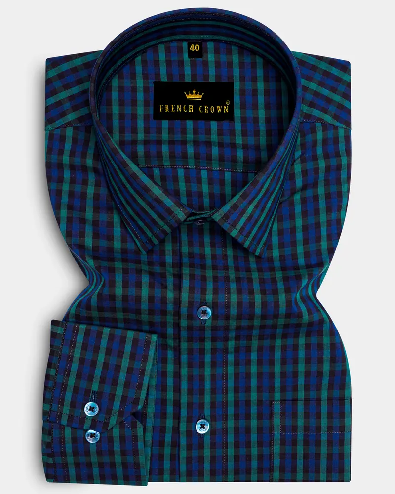 Navy And Green Gingham Premium Cotton Shirt 6