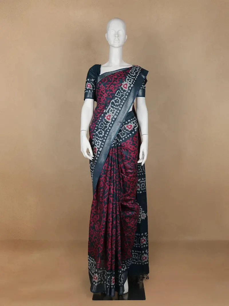 Navy Blue Abstract Designed Cotton Fancy Saree 1