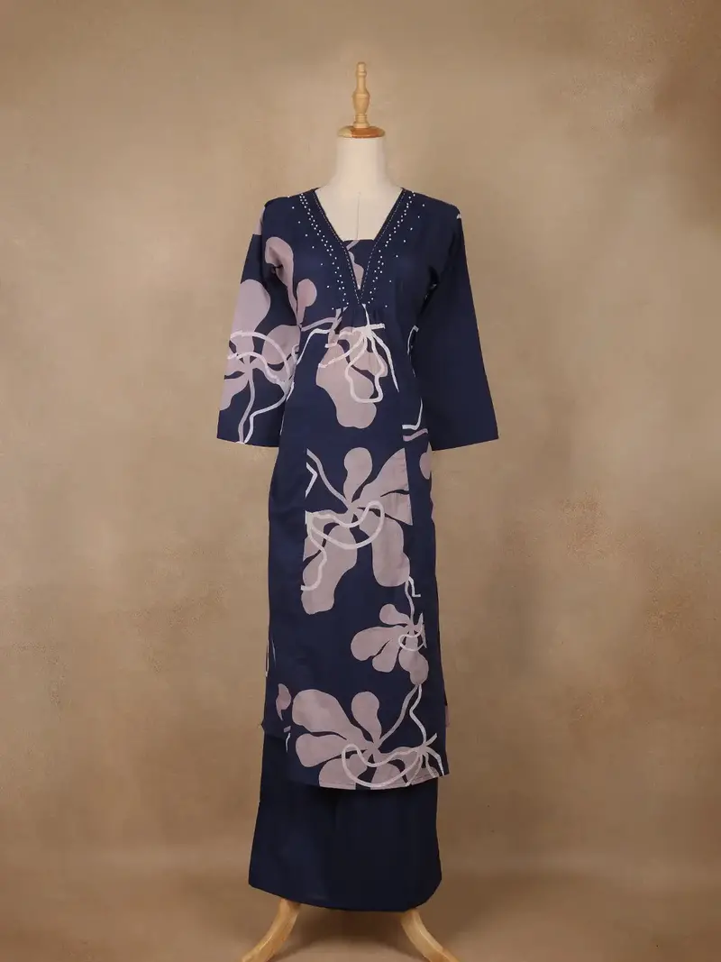 Navy Blue Abstract Printed Cotton Salwar Suit 1