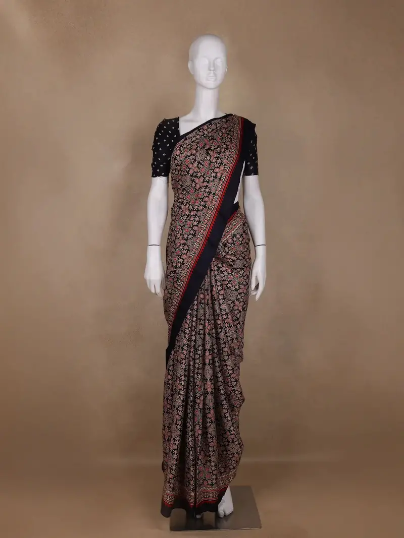 Navy Blue Ajrak Print Mul Mul Cotton Saree 1