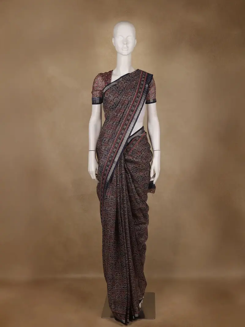Navy Blue Ajrakh Floral And Geometric Printed Cotton Saree 1
