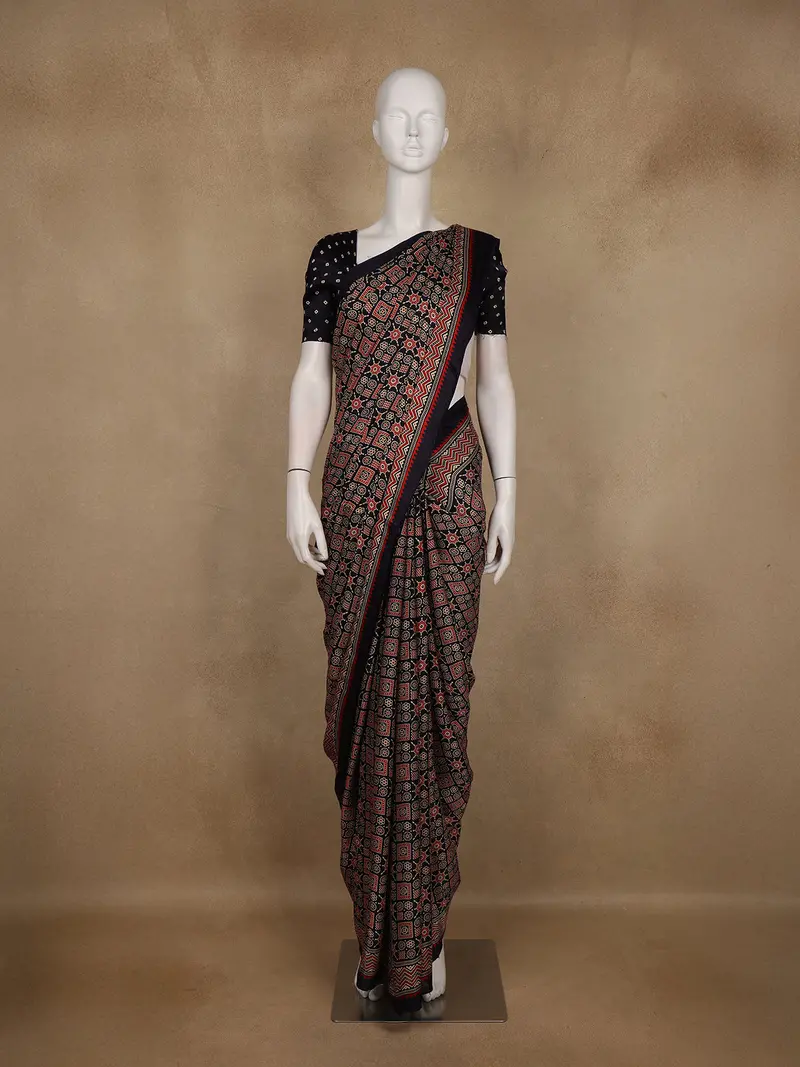 Navy Blue Ajrakh Print Mul Mul Cotton Saree 1