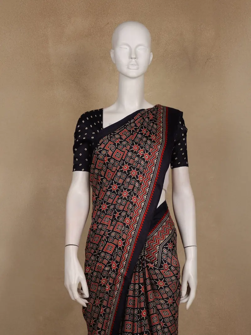Navy Blue Ajrakh Print Mul Mul Cotton Saree 2