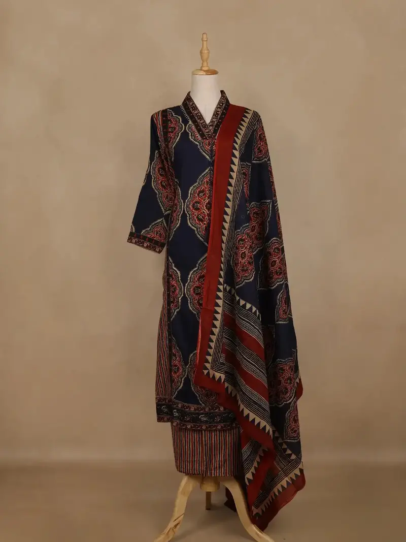 Navy Blue Ajrakh Printed Cotton Salwar Suit With Dupatta 1