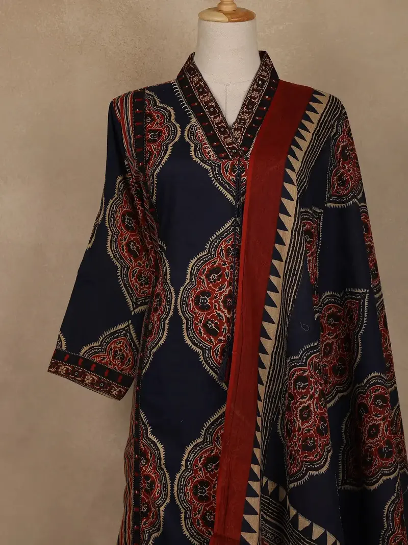 Navy Blue Ajrakh Printed Cotton Salwar Suit With Dupatta 2