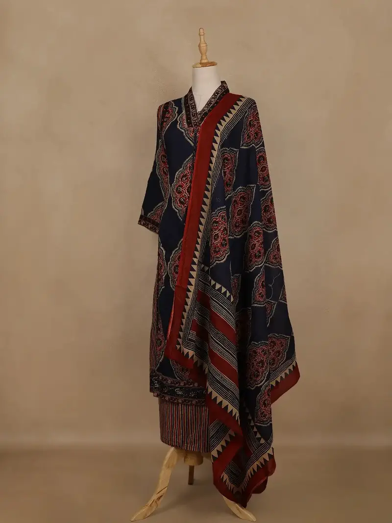 Navy Blue Ajrakh Printed Cotton Salwar Suit With Dupatta 3