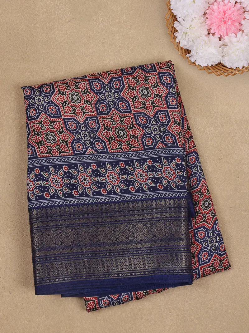 Navy Blue Ajrakh Printed Cotton Saree With Zari Border 1