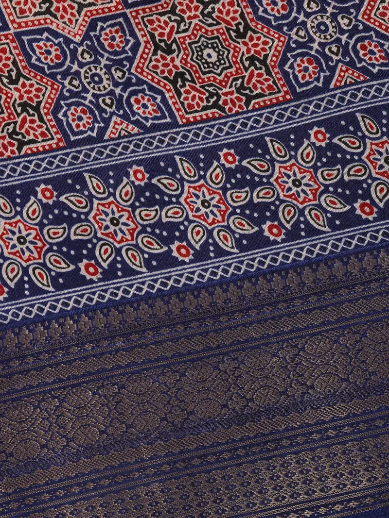 Navy Blue Ajrakh Printed Cotton Saree With Zari Border 2