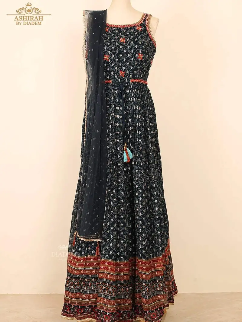 Navy Blue Anarkali Salwar Suit For Girls Enhanced With Prints And Thread Work Along With Dupatta 1