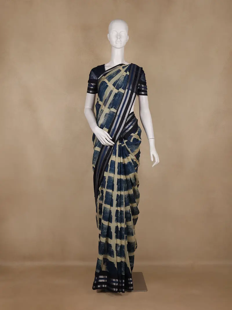 Navy Blue And Beige Abstract Brush Print Chandheri Cotton Saree 1