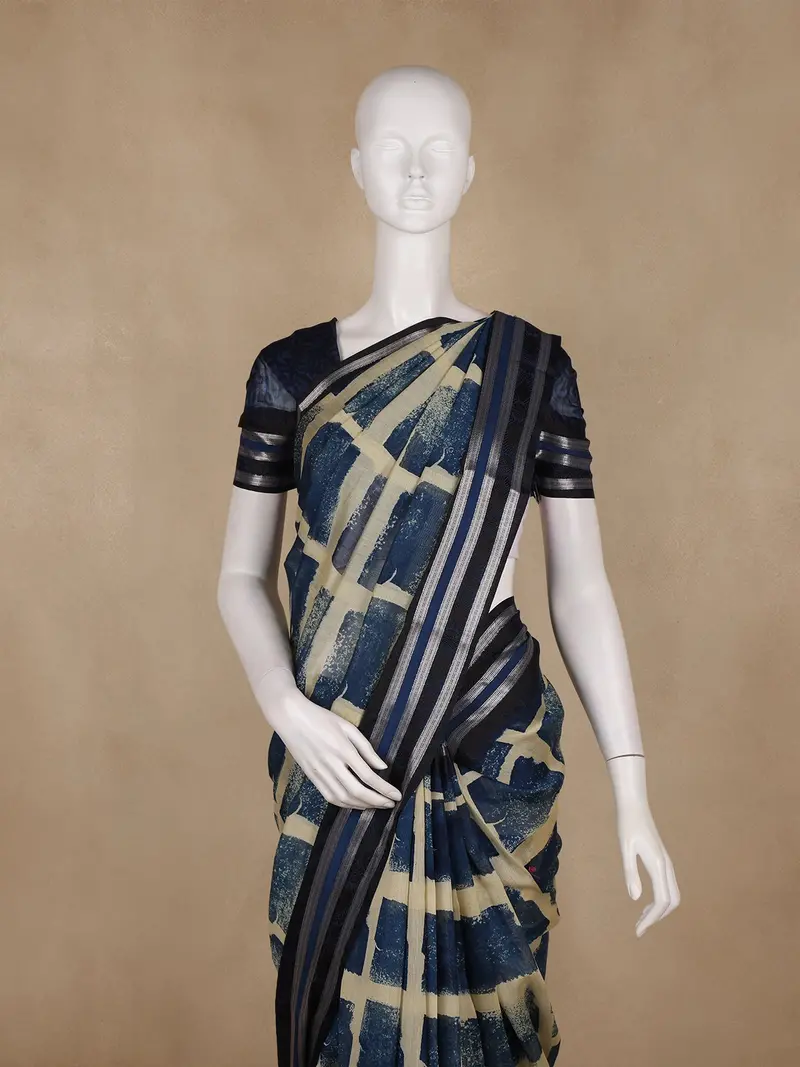 Navy Blue And Beige Abstract Brush Print Chandheri Cotton Saree 2
