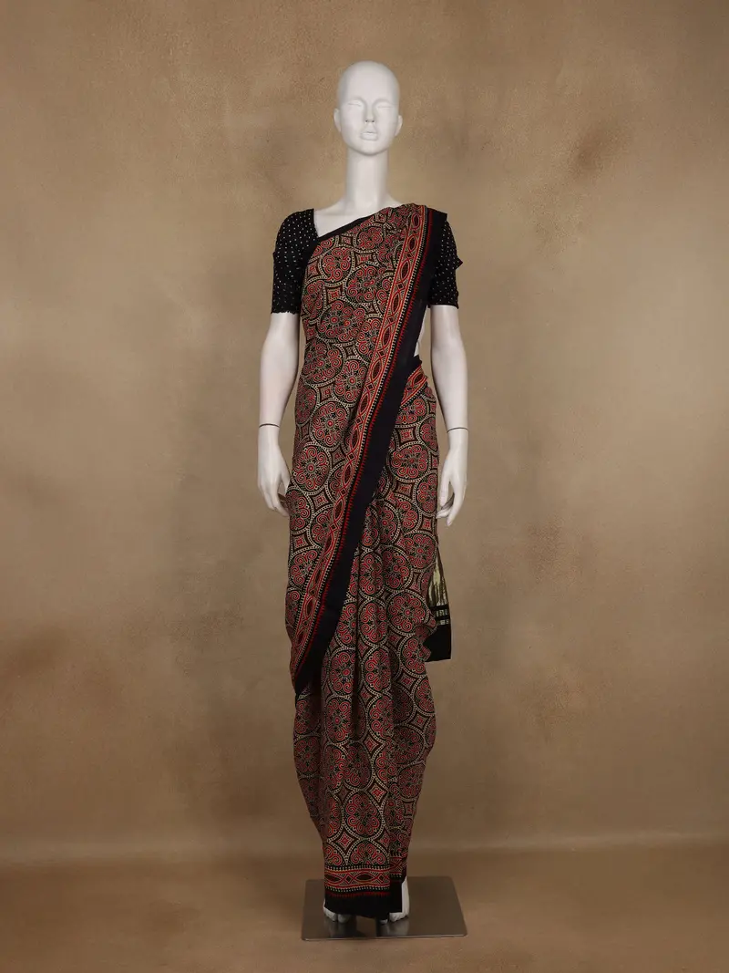 Navy Blue And Red Ajrakh Print Mul Mul Cotton Saree 1
