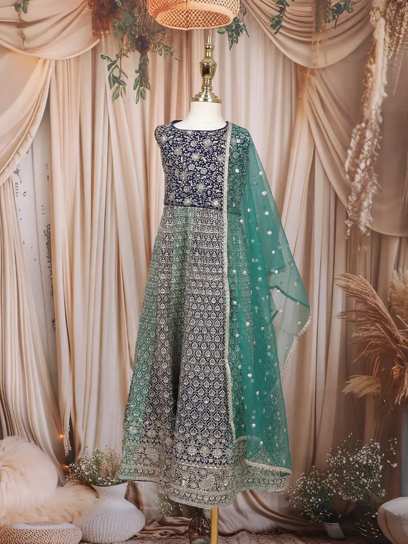 Navy Blue And Sea Green Floral Embroidered Design Georgette Kids Lehenga With Net Dupatta 1