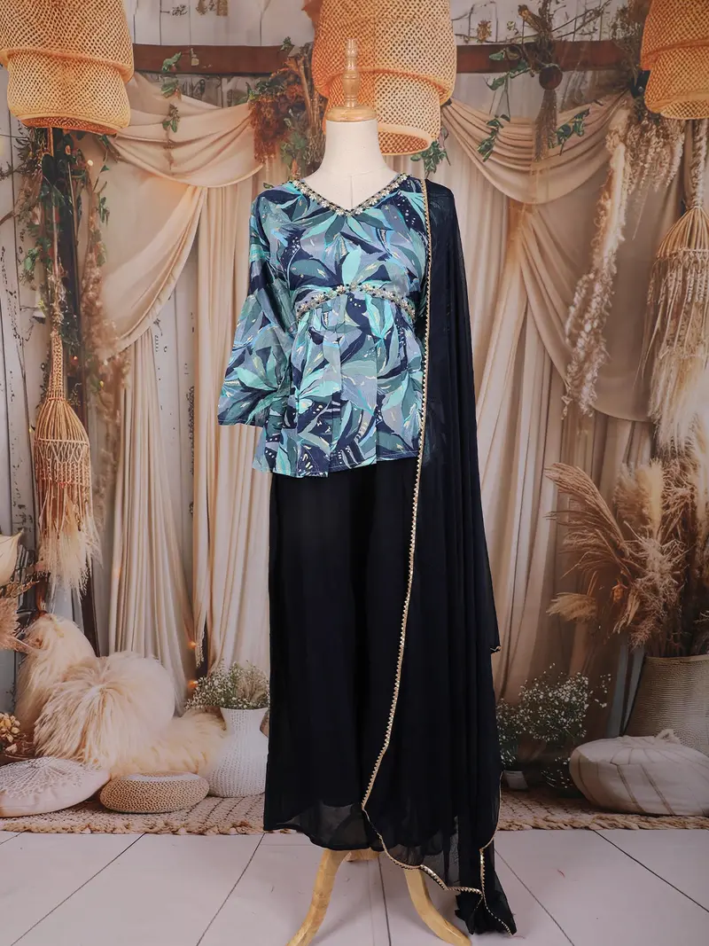 Navy Blue And Teal Abstract Printed Design Peplum Top Palazzo Suit With Dupatta 1