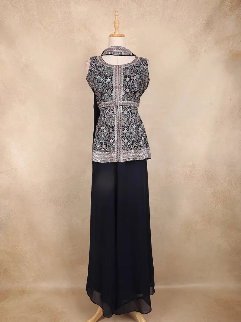 Navy Blue And Teal Floral Embroidered Georgette Peplum Palazzo Suit With Choker Dupatta 1