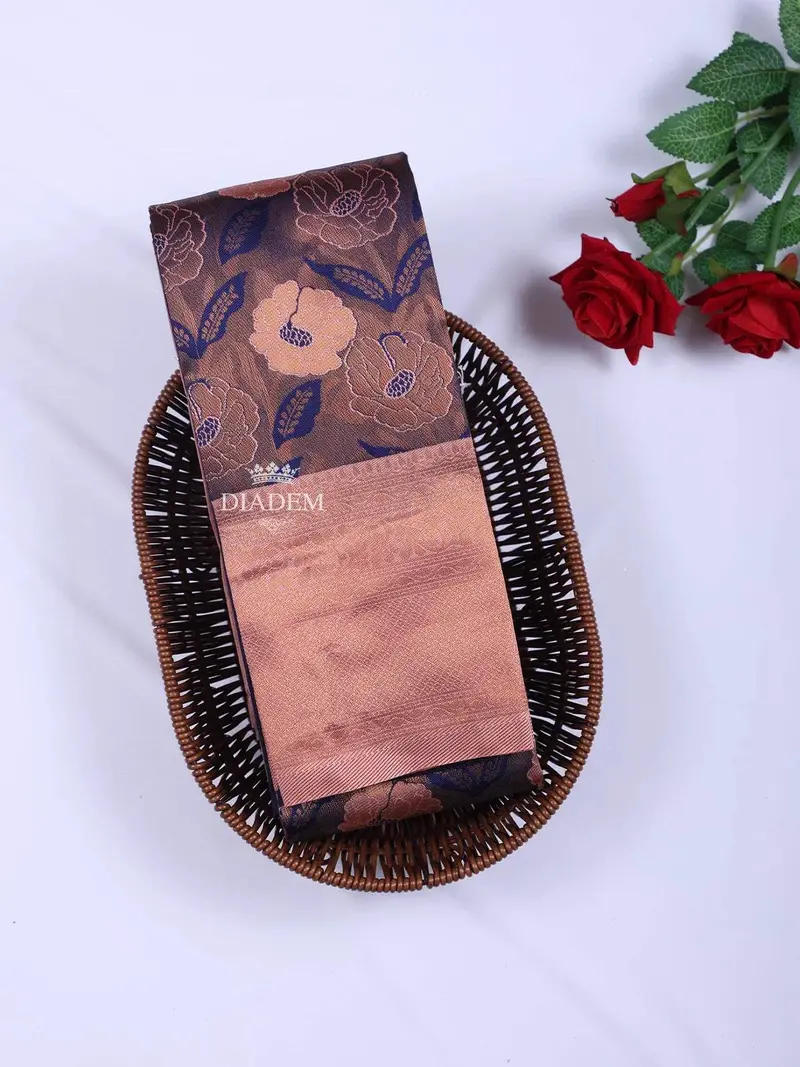 Navy Blue Arani Silk Saree With Floral Motif On The Body And Contrast Zari Border 1