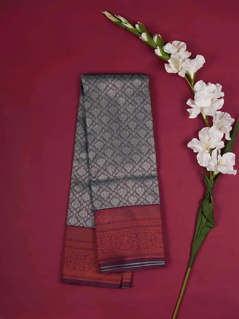 Navy Blue Art Silk Saree With Floral Design On The Body With Contrast Designed Border 1