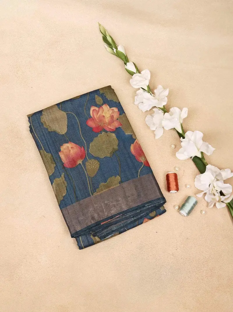 Navy Blue Banarasi Saree With Floral Design On The Body With Matching  Border 1