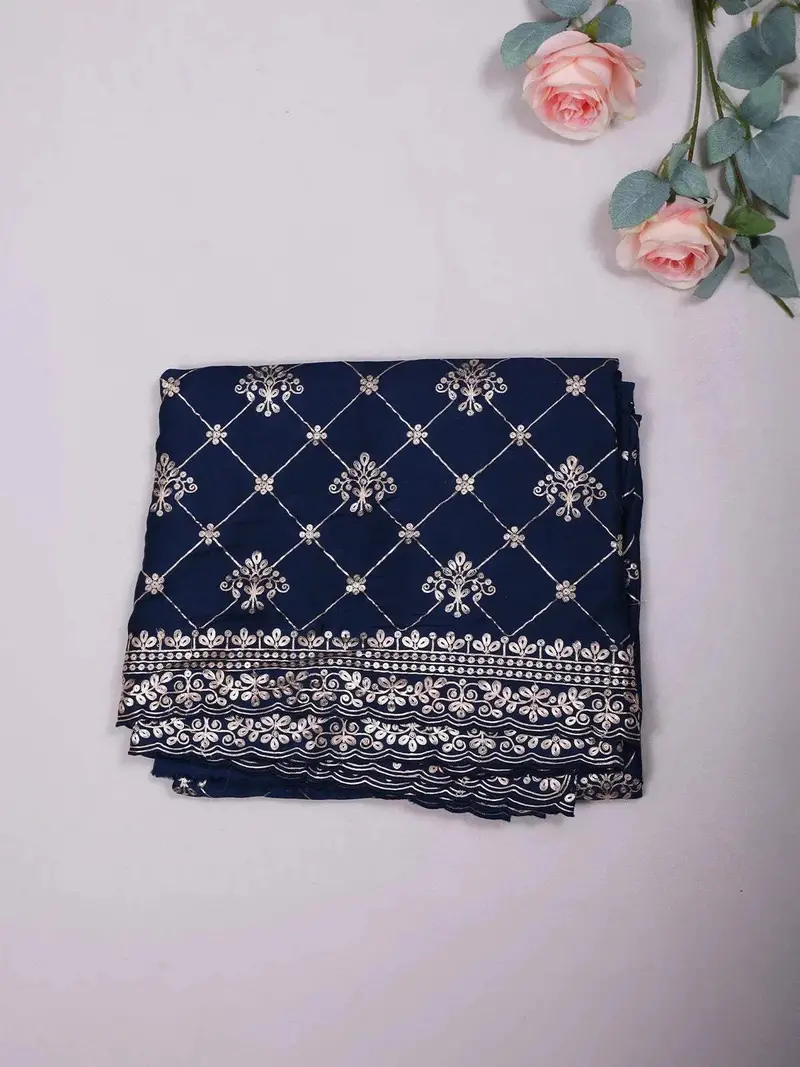 Navy Blue Banarasi Saree With Floral Designs On The Body And Embroidery Border 1