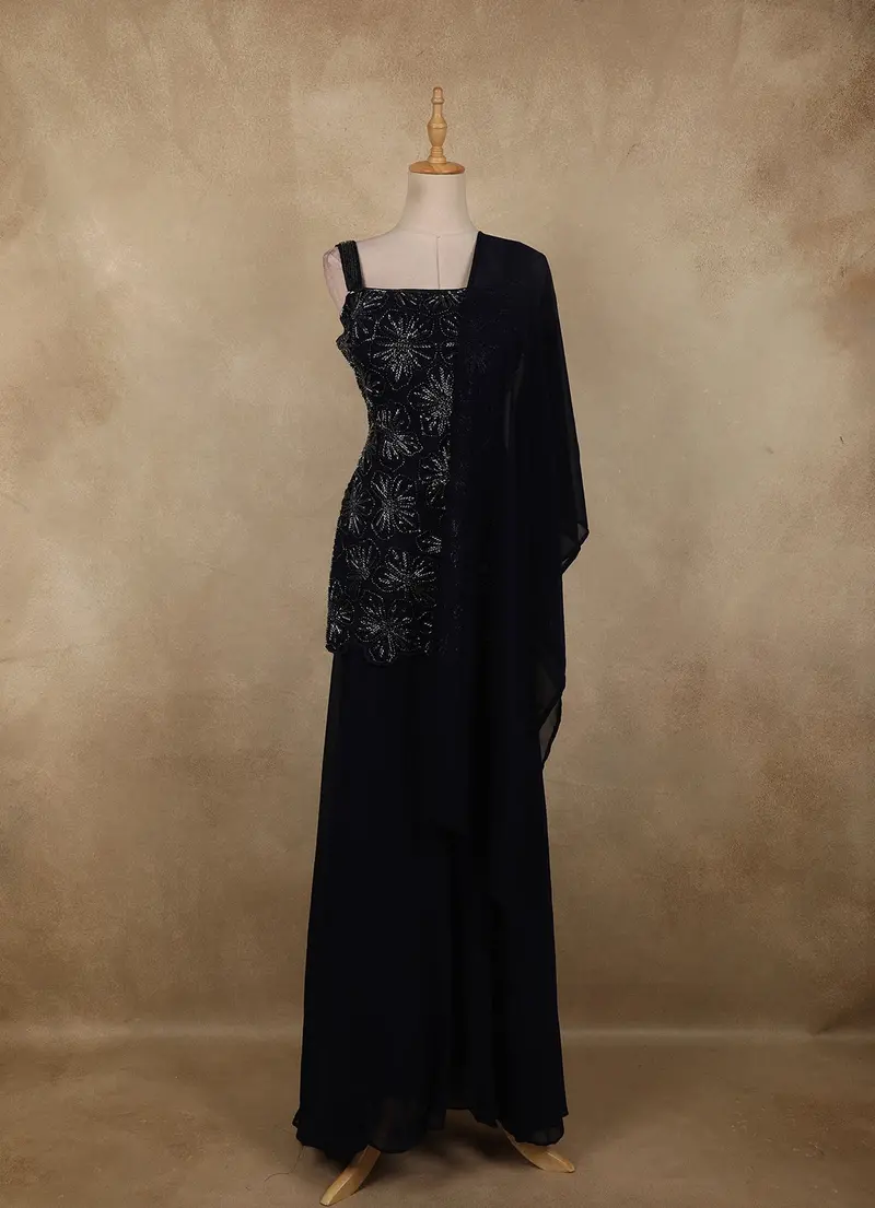 Navy Blue Beaded Embroidery Georgette Palazzo Suit 1