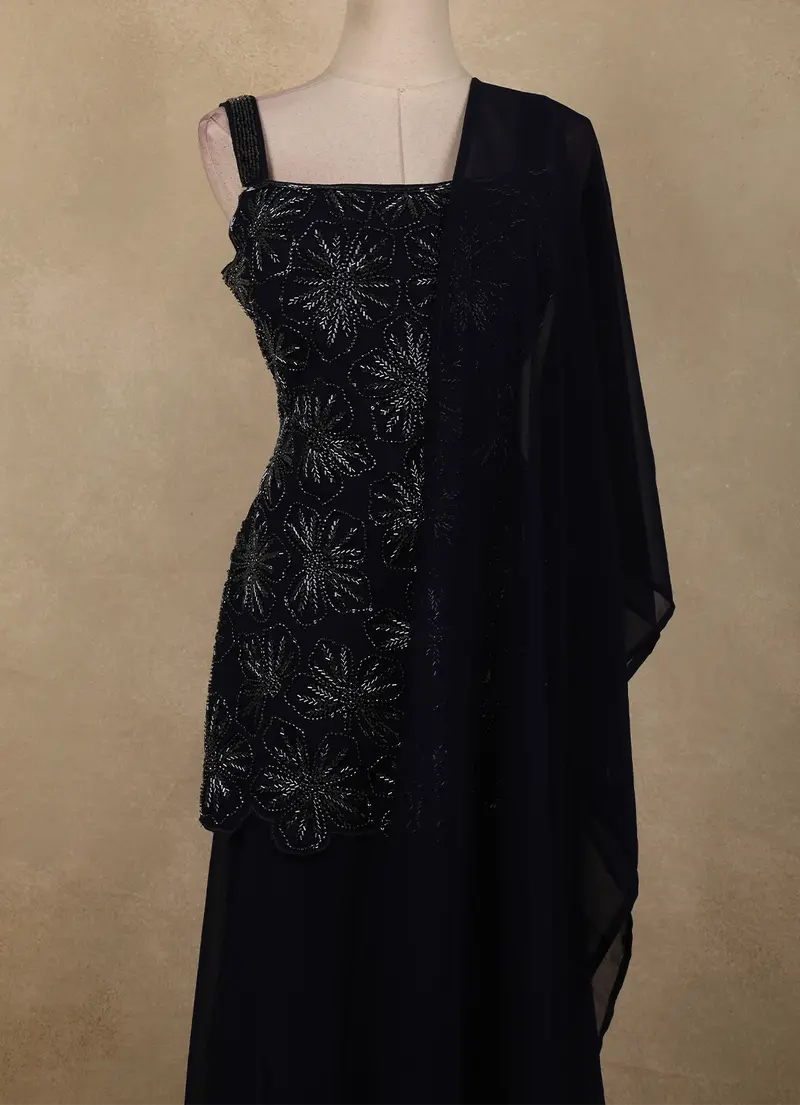 Navy Blue Beaded Embroidery Georgette Palazzo Suit 2