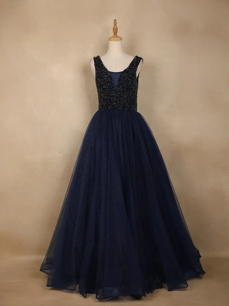 Navy Blue Beads And Glitter Worked Net Party Wear Gown 1